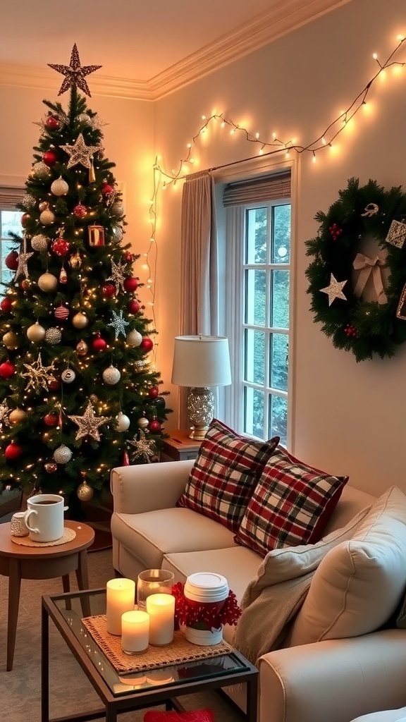 A cozy Christmas living room with a decorated tree, string lights, and festive pillows.